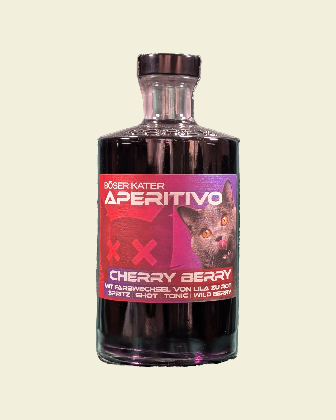 Böser Kater - Cherry Berry Aperitivo | Likör mit Farbwechsel-Effekt von Lila zu Rot - 0,1l - 15% Vol.